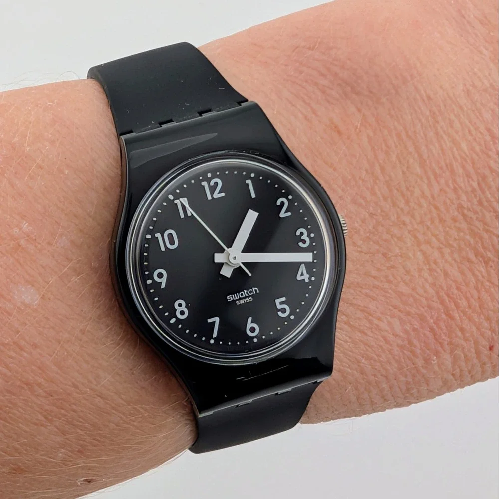 Swatch Swiss Black Quartz Watch White Arabic Numerals 25mm Classic Minimalist